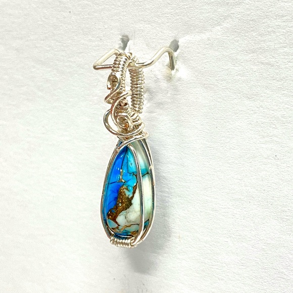 HANDCRAFTED Blue Dahlia Turquoise Composite Cabochon Hand Wrapped Pendant, Gift - Picture 7 of 10